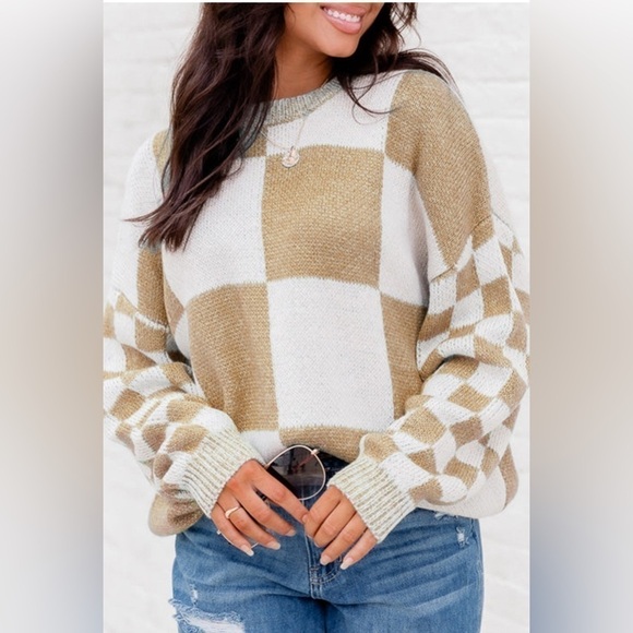 Blu Trends Sweaters - Taupe n Ivory Checkerboard Sweater